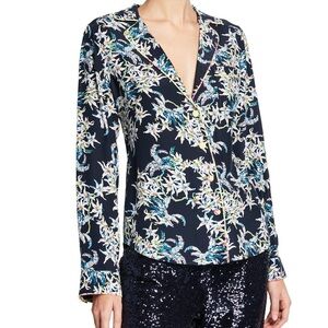 Cinq à Sept Floral Silk Button-Up Shirt Top Asian Pocket Collared Blouse Sz S